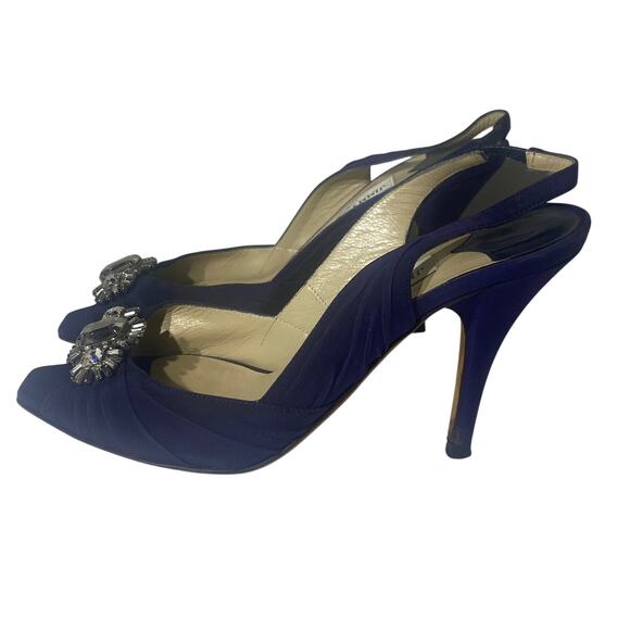 Jimmy Choo Blue Silk Crystals Peep Toe Slingbacks Evening Pumps Sandals 36.5 - Picture 2 of 10